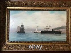 Ancient Marine Table. Oil On Wood. Jeteè Port Of Marseille. Signed Vibert