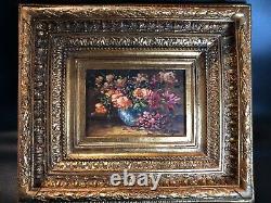 Ancient Oil Painting On Panel Flower Bouquet Signed Bernhard Vogel