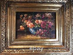 Ancient Oil Painting On Panel Flower Bouquet Signed Bernhard Vogel