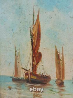 Ancient Oil Painting On Panel Wood Landscape Marin Marine Boats