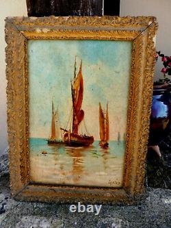 Ancient Oil Painting On Panel Wood Landscape Marin Marine Boats