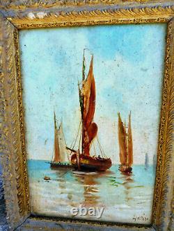 Ancient Oil Painting On Panel Wood Landscape Marin Marine Boats