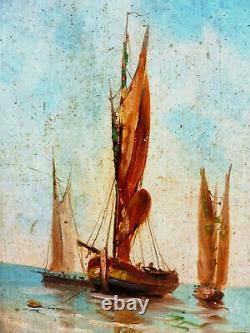 Ancient Oil Painting On Panel Wood Landscape Marin Marine Boats