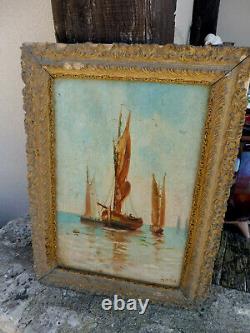 Ancient Oil Painting On Panel Wood Landscape Marin Marine Boats