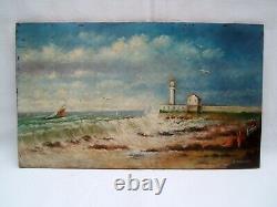 Ancient Oil Painting On Seaside Sign Lighthouse Bather Emile Vachat Xxth