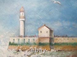 Ancient Oil Painting On Seaside Sign Lighthouse Bather Emile Vachat Xxth