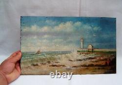 Ancient Oil Painting On Seaside Sign Lighthouse Bather Emile Vachat Xxth