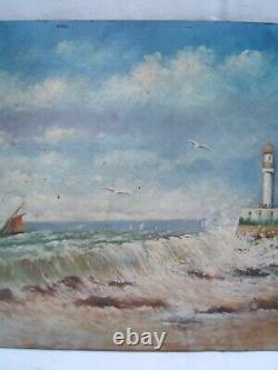 Ancient Oil Painting On Seaside Sign Lighthouse Bather Emile Vachat Xxth