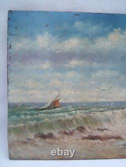 Ancient Oil Painting On Seaside Sign Lighthouse Bather Emile Vachat Xxth