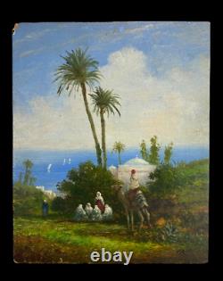 Ancient Orientalist Painting Oil On Panel Wood Mosque Seaside