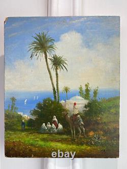 Ancient Orientalist Painting Oil On Panel Wood Mosque Seaside