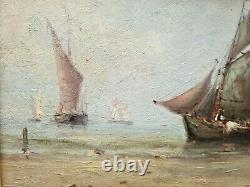 Ancient Painting Animated Marine Fishing Vessels Signed Henry Malfroy (1895-1944)