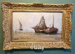 Ancient Painting Animated Marine Fishing Vessels Signed Henry Malfroy (1895-1944)
