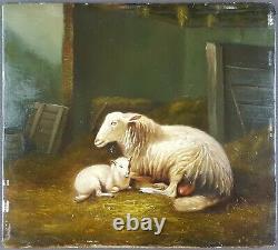 Ancient Painting Brebis And Its Lamb Painting Oil Antique Painting Ölgemälde