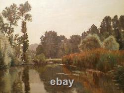 Ancient Painting Edouard A. Ragu Painting Landscape Countryside Lake Pond River Edge