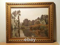 Ancient Painting Edouard A. Ragu Painting Landscape Countryside Lake Pond River Edge