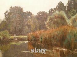 Ancient Painting Edouard A. Ragu Painting Landscape Countryside Lake Pond River Edge