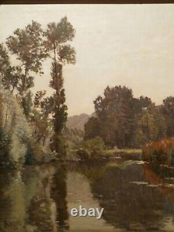 Ancient Painting Edouard A. Ragu Painting Landscape Countryside Lake Pond River Edge