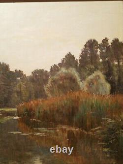Ancient Painting Edouard A. Ragu Painting Landscape Countryside Lake Pond River Edge
