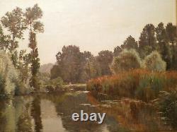 Ancient Painting Edouard A. Ragu Painting Landscape Countryside Lake Pond River Edge