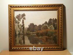 Ancient Painting Edouard A. Ragu Painting Landscape Countryside Lake Pond River Edge