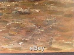 Ancient Painting Impressionism Marine Boat Coastal Oil On Wood Signed