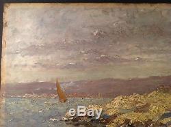 Ancient Painting Impressionism Marine Boat Coastal Oil On Wood Signed