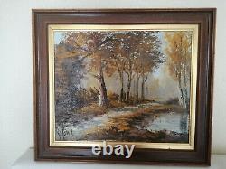 Ancient Painting Oil On Canvas Signed 58x50 Autumn Landscape Under Wood