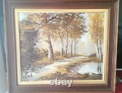 Ancient Painting Oil On Canvas Signed 58x50 Autumn Landscape Under Wood