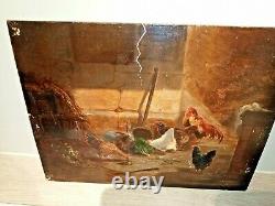 Ancient Painting Oil On Wood Bass Scene Chickens Coq Rabbit 19th