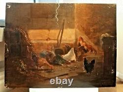 Ancient Painting Oil On Wood Bass Scene Chickens Coq Rabbit 19th