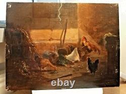 Ancient Painting Oil On Wood Bass Scene Chickens Coq Rabbit 19th