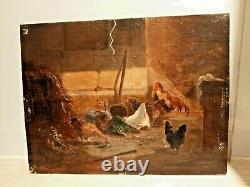 Ancient Painting Oil On Wood Bass Scene Chickens Coq Rabbit 19th