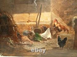 Ancient Painting Oil On Wood Bass Scene Chickens Coq Rabbit 19th
