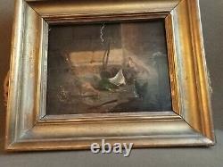 Ancient Painting Oil On Wood Bass Scene Chickens Coq Rabbit 19th