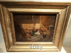 Ancient Painting Oil On Wood Bass Scene Chickens Coq Rabbit 19th