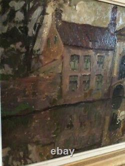 Ancient Painting Oil On Wood Painting Representing Saint Boniface Bridge In Bruges