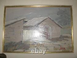 Ancient Painting Oil Painting To Knife Golden Wood Frame Snow Landscape
