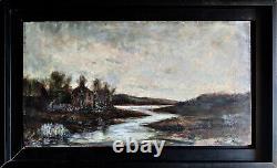 Ancient Painting / Oil on Wood, Landscape, River, Woods 43x24 cm
