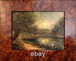 Ancient Painting, River Landscape, Oil, On Wood 19th Century