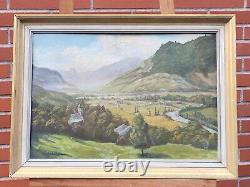 Ancient Painting Signed E. Cames 1958 Landscape Animated Oil Painting On Panel