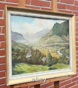 Ancient Painting Signed E. Cames 1958 Landscape Animated Oil Painting On Panel