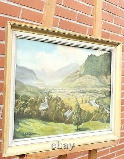 Ancient Painting Signed E. Cames 1958 Landscape Animated Oil Painting On Panel