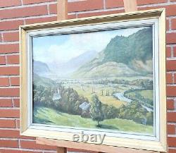 Ancient Painting Signed E. Cames 1958 Landscape Animated Oil Painting On Panel