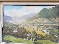 Ancient Painting Signed E. Cames 1958 Landscape Animated Oil Painting On Panel