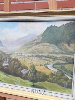 Ancient Painting Signed E. Cames 1958 Landscape Animated Oil Painting On Panel