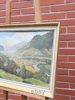 Ancient Painting Signed E. Cames 1958 Landscape Animated Oil Painting On Panel