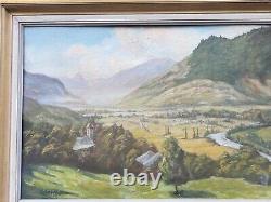 Ancient Painting Signed E. Cames 1958 Landscape Animated Oil Painting On Panel