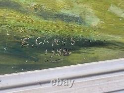 Ancient Painting Signed E. Cames 1958 Landscape Animated Oil Painting On Panel