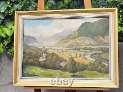 Ancient Painting Signed E. Cames 1958 Landscape Animated Oil Painting On Panel